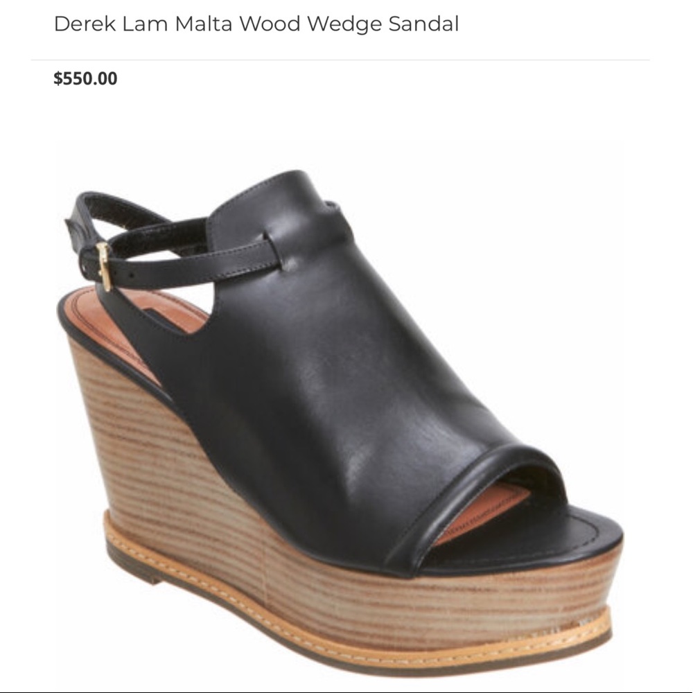 DEREK LAM Malta Black Leather Wood Wedge Sandals